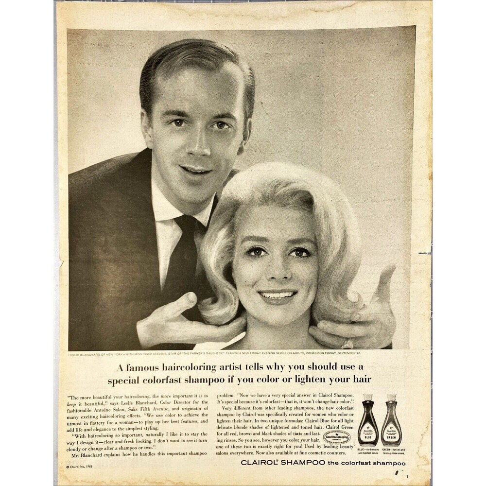 Clairol Shampoo "The Colorfast Shampoo" with Inger Stevens Vintage Print Ad 1963